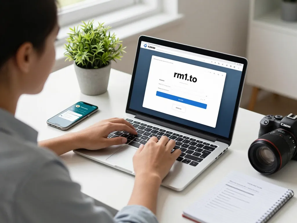 Focused professional using rm1.to login on laptop at modern workspace, showcasing secure access.