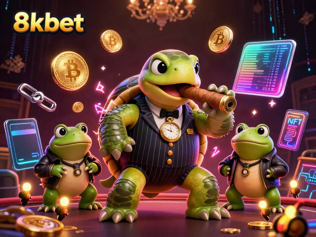 Experience thrilling gameplay at 8xbet with a vibrant 3D representation of a cartoon turtle and bullfrog characters among casino elements.