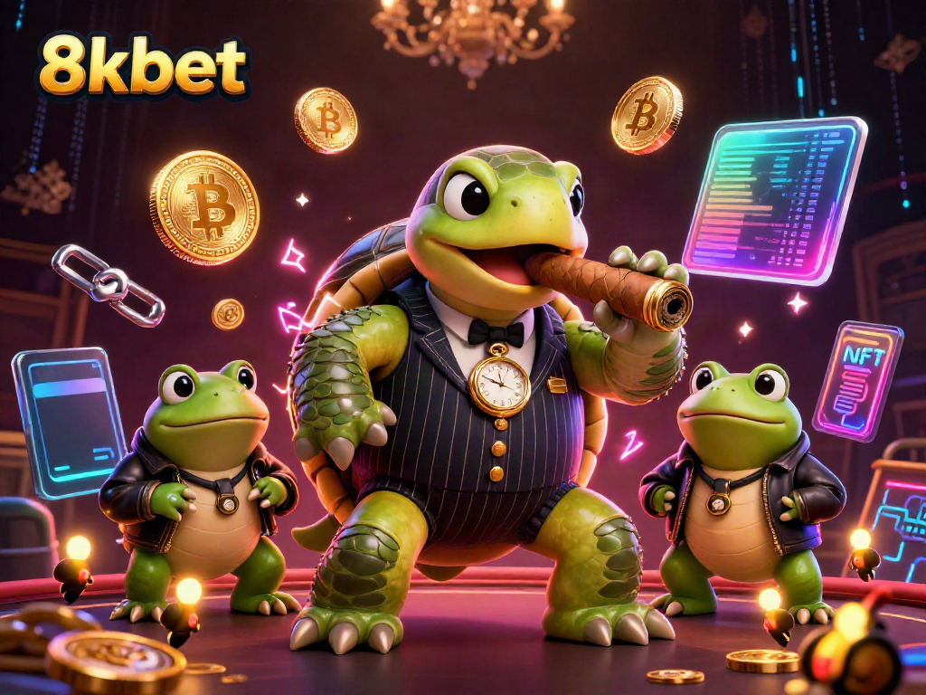 Experience thrilling gameplay at 8xbet with a vibrant 3D representation of a cartoon turtle and bullfrog characters among casino elements.