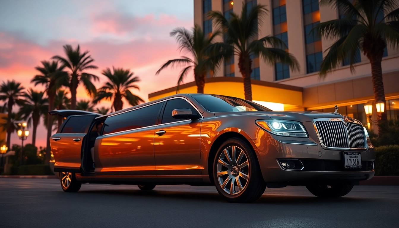 Hollywood Town Car and Limousine providing luxury transport outside a Los Angeles hotel at sunset.