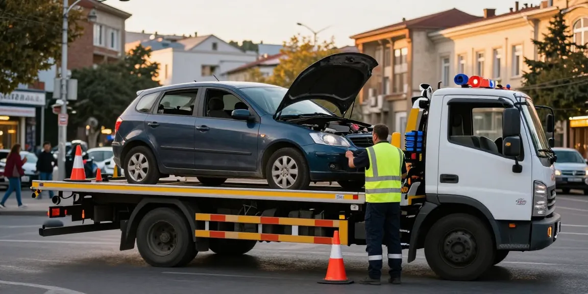 Evakuatori evakuatori tbilisi providing emergency roadside assistance with a tow truck in action on a busy street in Tbilisi.