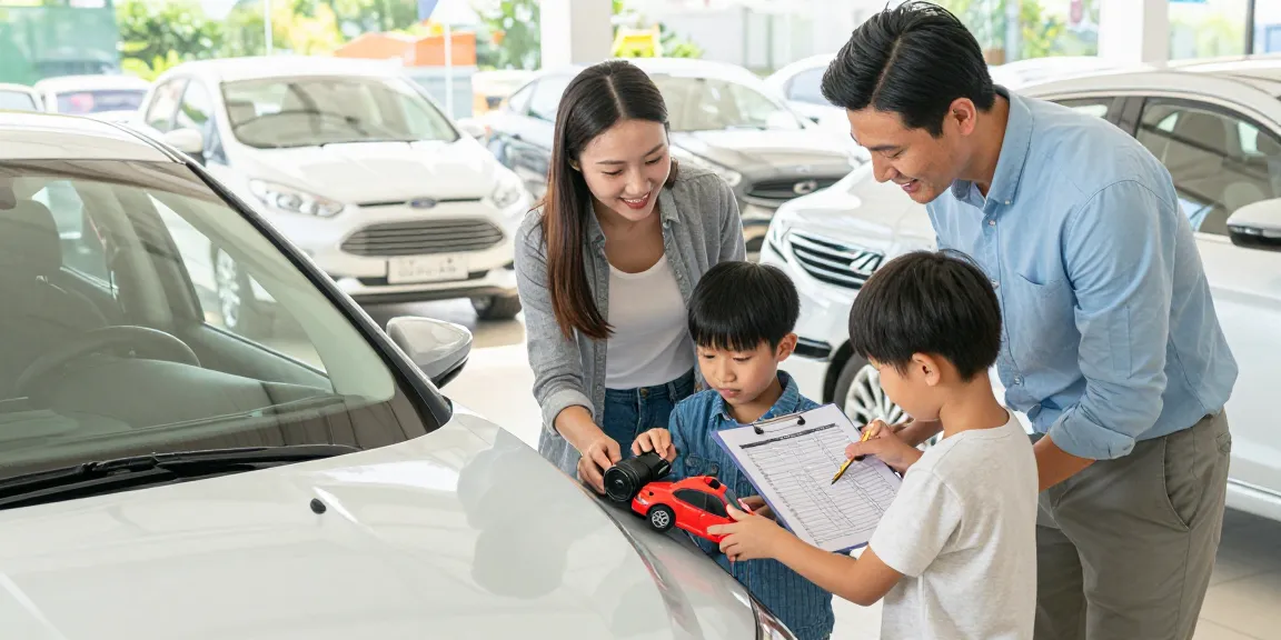 Family checking the best car history check UK for a used vehicle, inspecting details together at a sunny dealership.