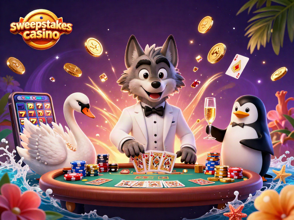 Engaging illustration showcasing a sweepstakes casino scene with cards, chips, and a luxurious atmosphere.