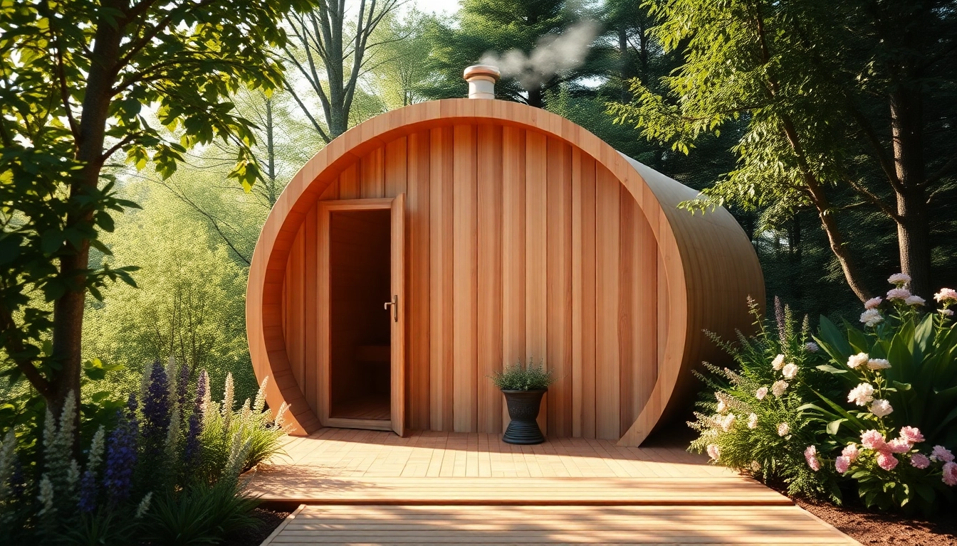 Cedar barrel sauna Canada surrounded by greenery, showcasing its natural wood in a serene outdoor setting.