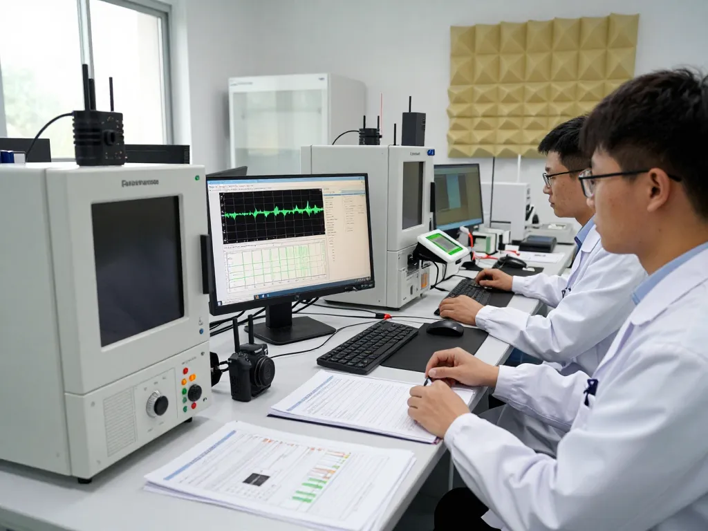 Experts conducting ICES RF compliance tests in a modern EMC laboratory.
