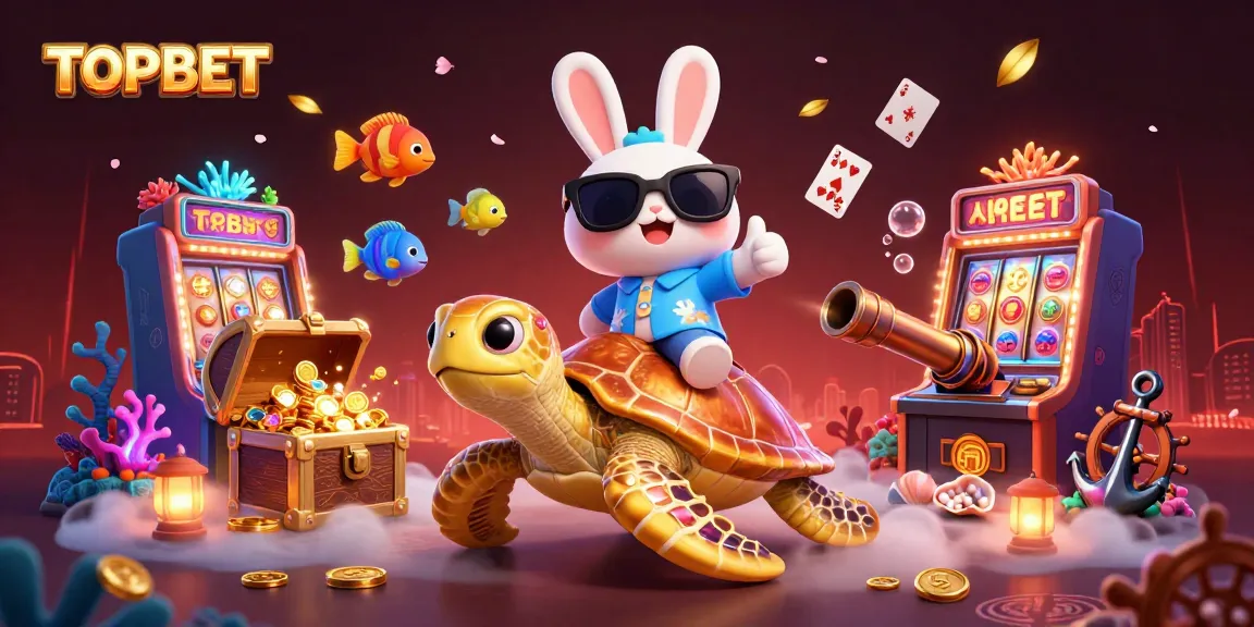 TOPBET creates excitement with a lucky rabbit and golden turtle in a vibrant underwater casino scene.