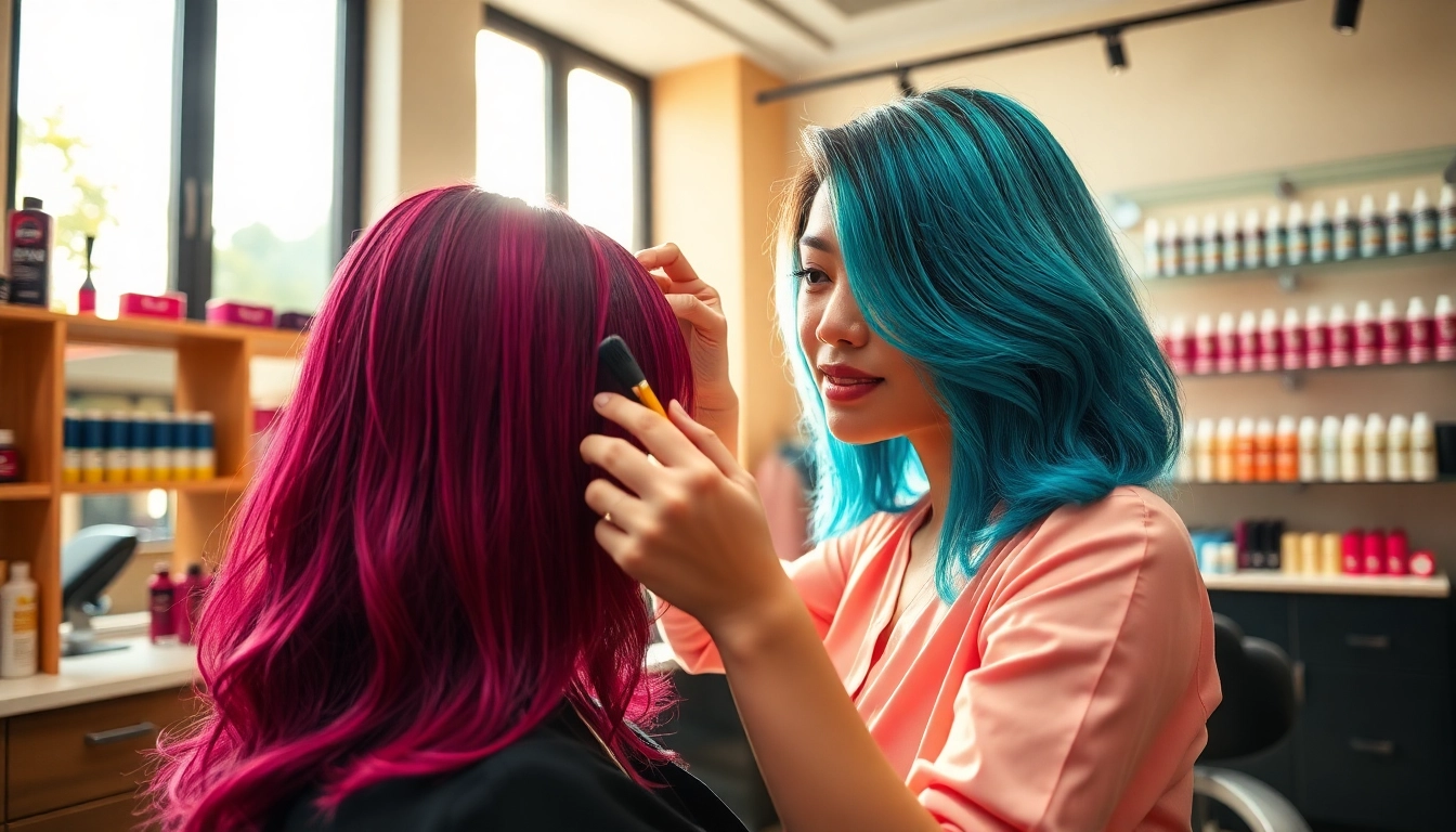 Expert hair colourist Singapore applying vibrant dye in a modern salon