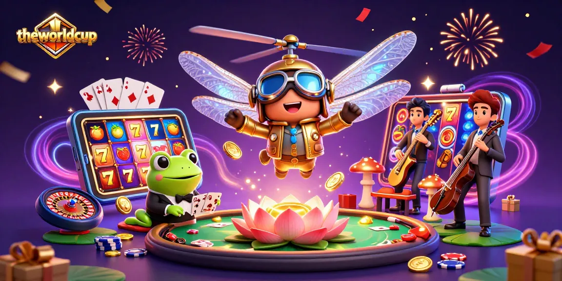 Theworldcup showcases a vibrant 3D illustration of casino activities with engaging characters and dynamic elements.