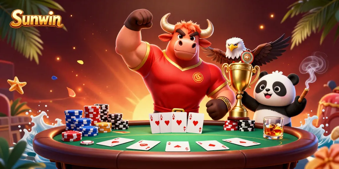 Sunwin gaming experience with bull mascot, eagle, and panda celebrating over poker table.