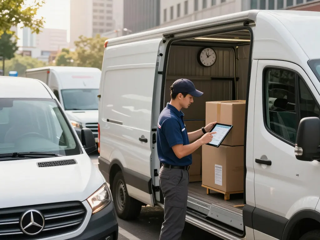 Transport logistics with professional courier loading tracked delivery van in urban setting.