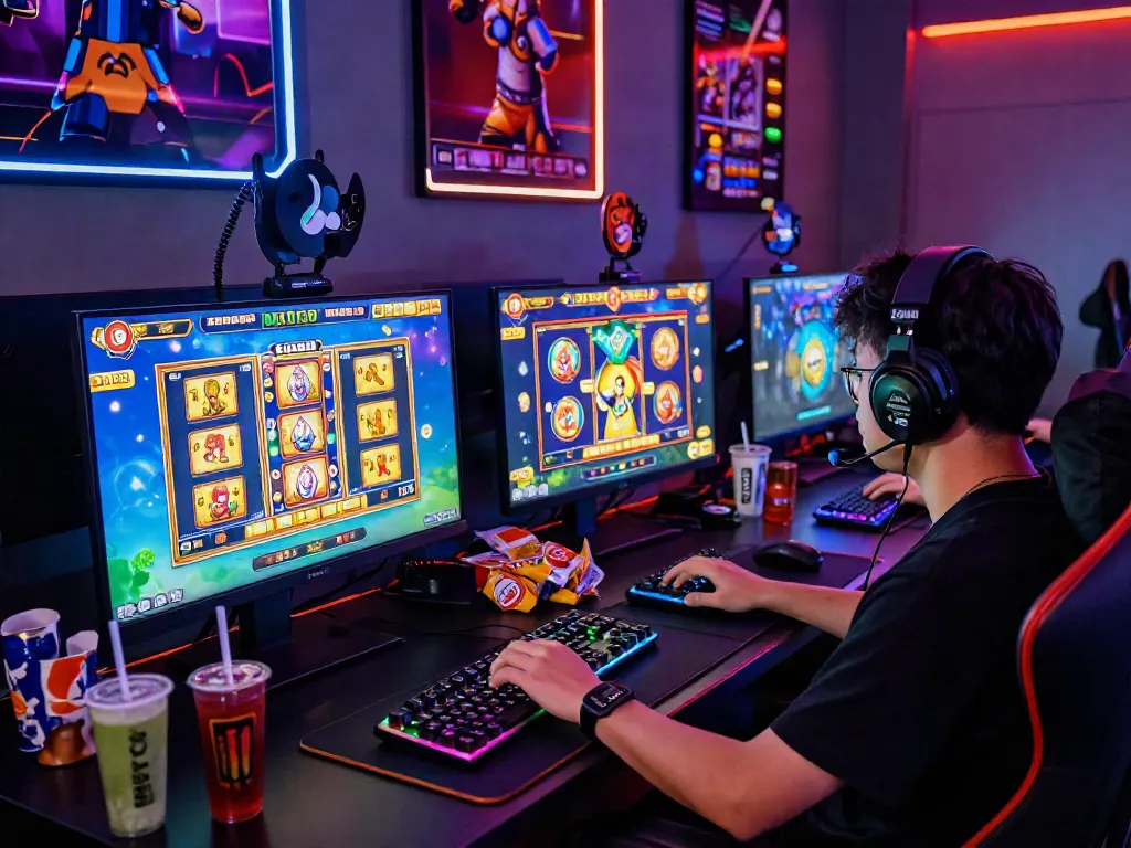 Exciting gaming setup showcasing situs gacor online slot games, immersive gaming environment with vibrant visuals.