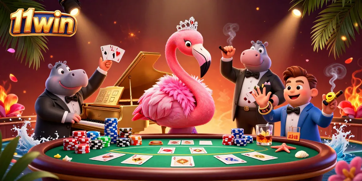 Engage with 11win's thrilling atmosphere featuring vibrant casino elements and lively characters.