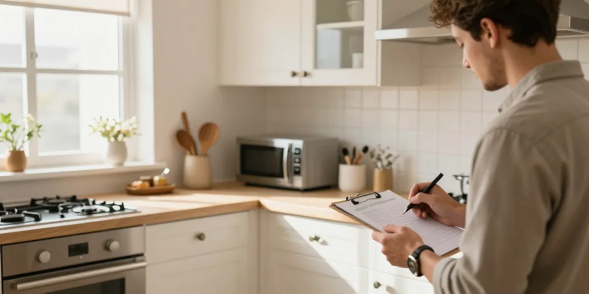 ان inviting kitchen scene depicting شراء مطابخ مستعملة بالرياض, with person inspecting cabinetry.