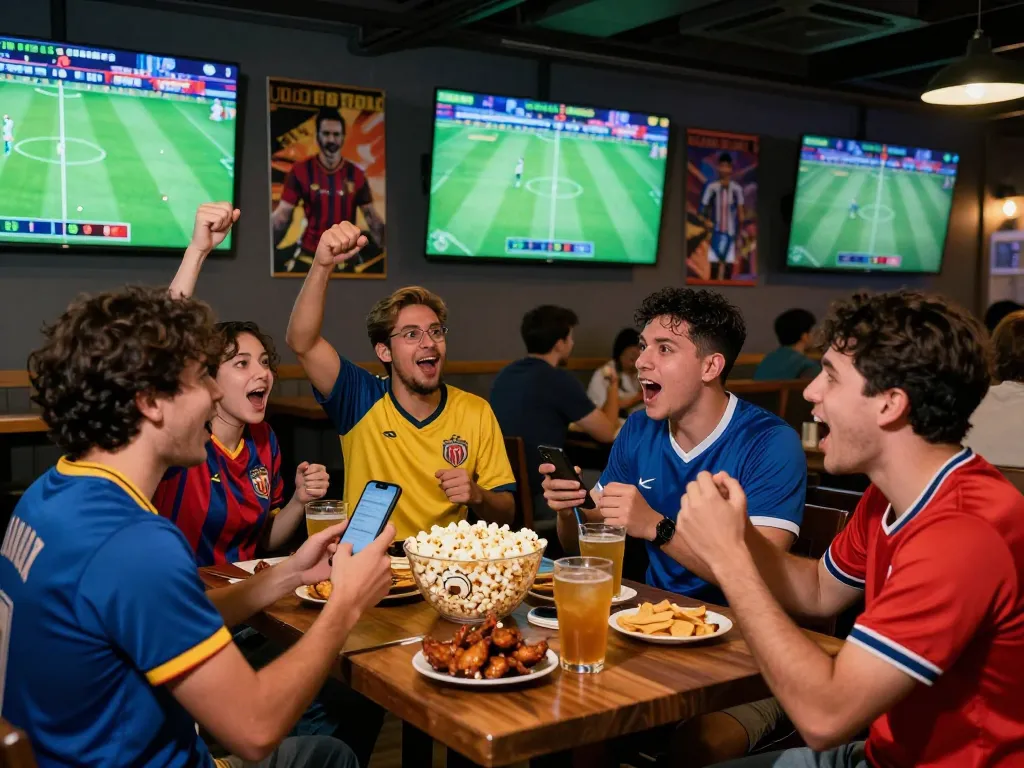Exciting scene of friends enjoying Judi Bola in a sports bar during a live football match.