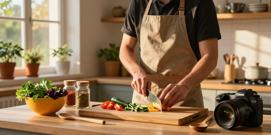 Fresh vegetables being chopped on a totally bamboo cutting board in a sunlit kitchen setting.