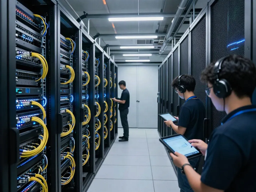 system configuration review in a high-tech data center showcasing secure cloud technology and server architecture