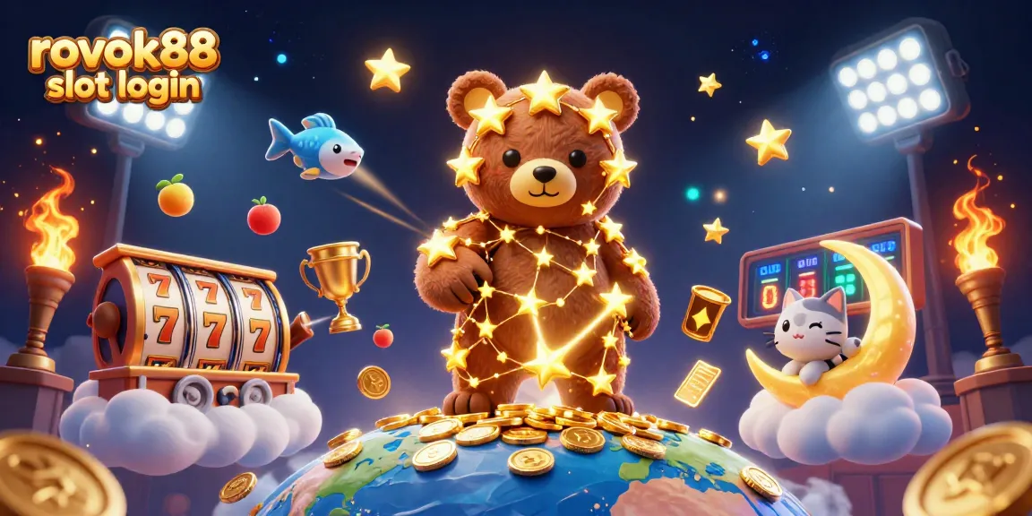 Engage with the excitement of rokok88 slot login as a constellation bear collects golden coins amidst casino elements.