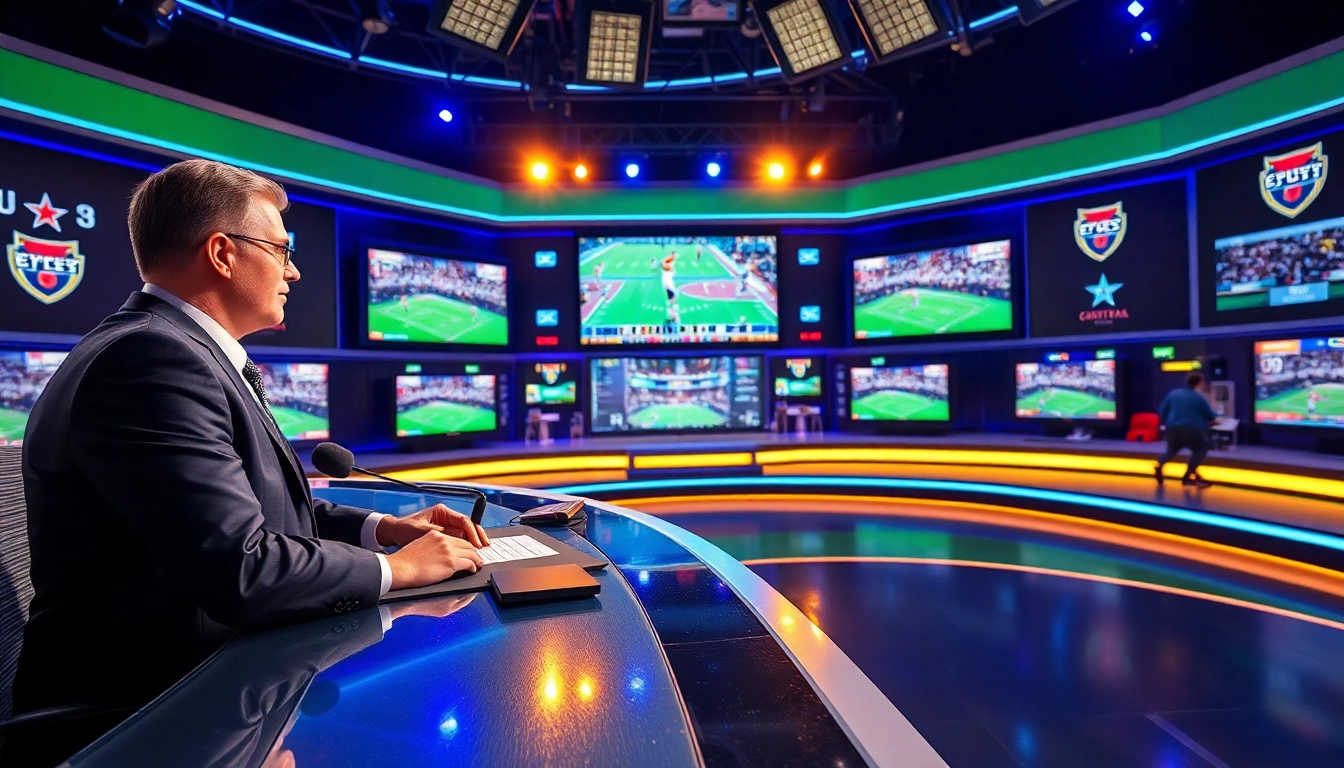 Engaging sports broadcasting studio showcasing live coverage, focused on the sportscaster.