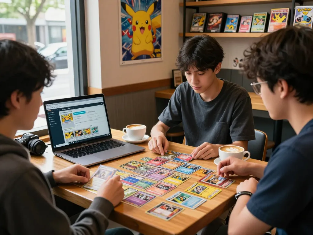 Engaged player analyzing cards with Pokemon TCG DB at a café.