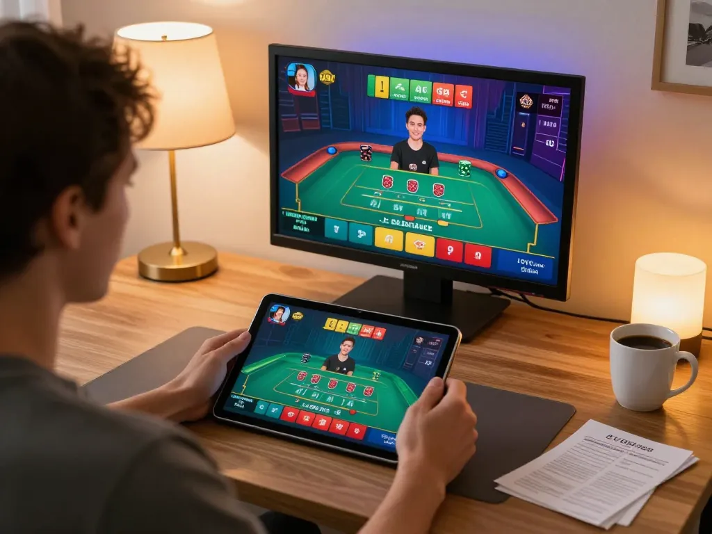 Engaged player using https://fc88.baby platform for live dealer blackjack in a cozy home setting
