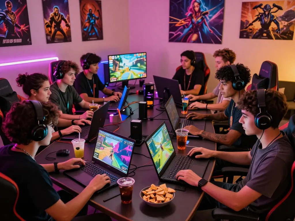 Group of players enjoying sun win gaming experience in a vibrant room filled with snacks and colorful graphics.