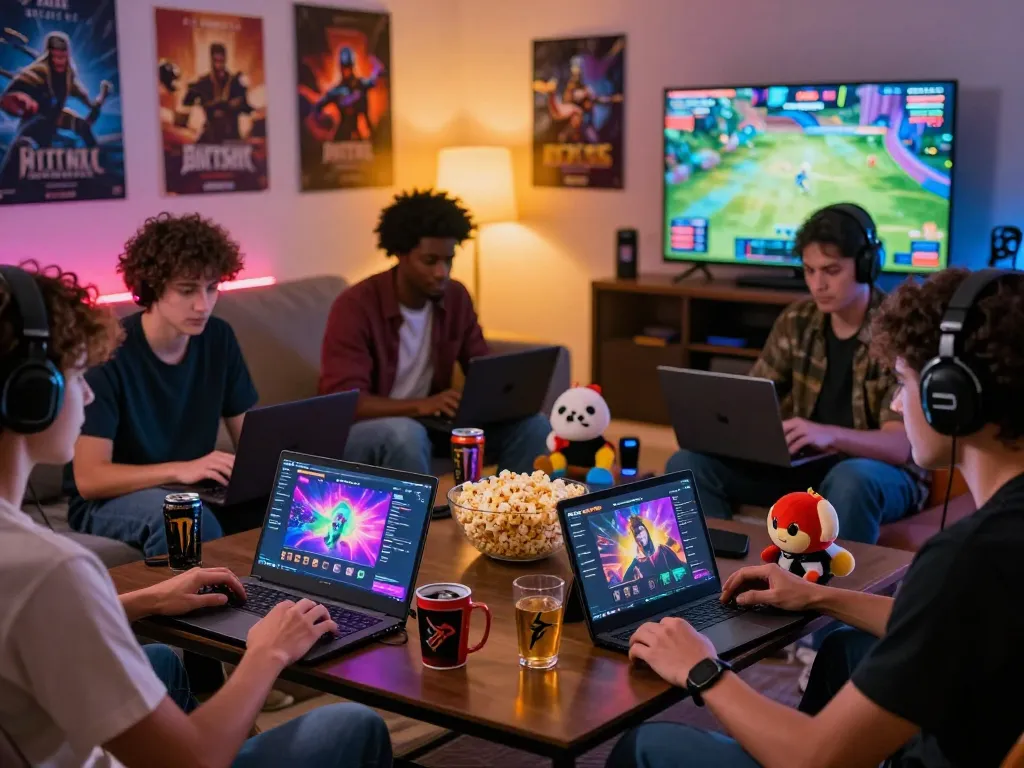Friends enjoying Bomwin gaming platform together with snacks and drinks in a lively living room.