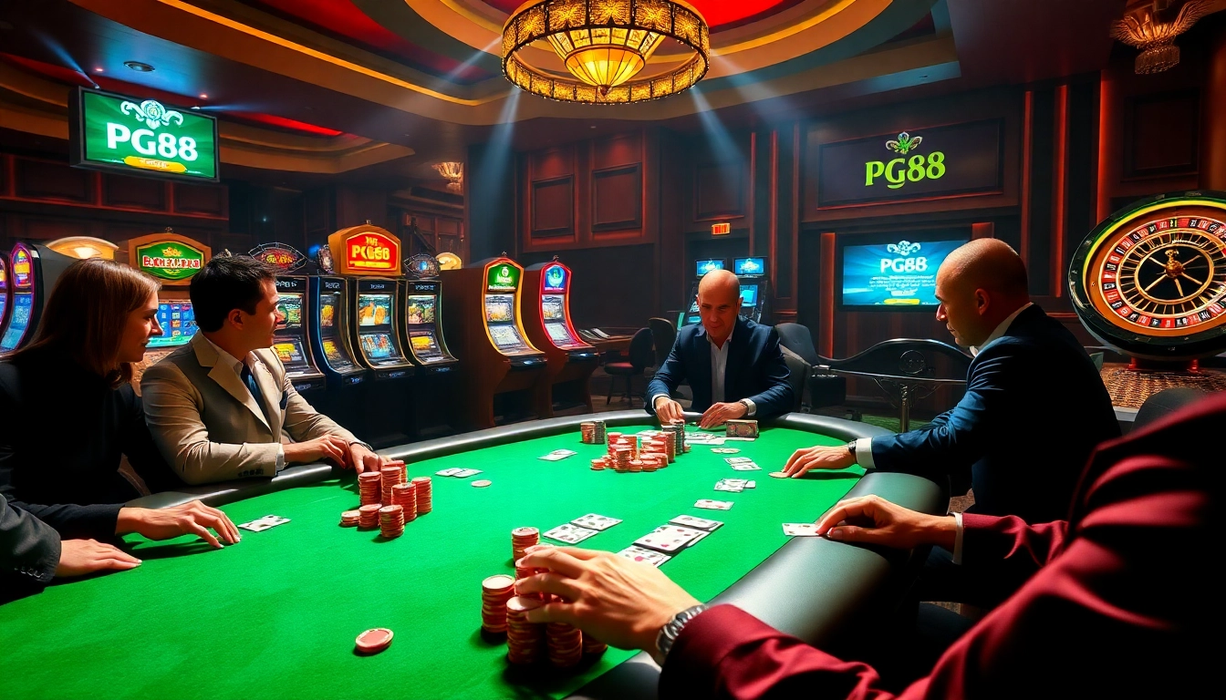 Players enjoying intense poker action at pg88 casino, surrounded by slot machines and vibrant gaming atmosphere.