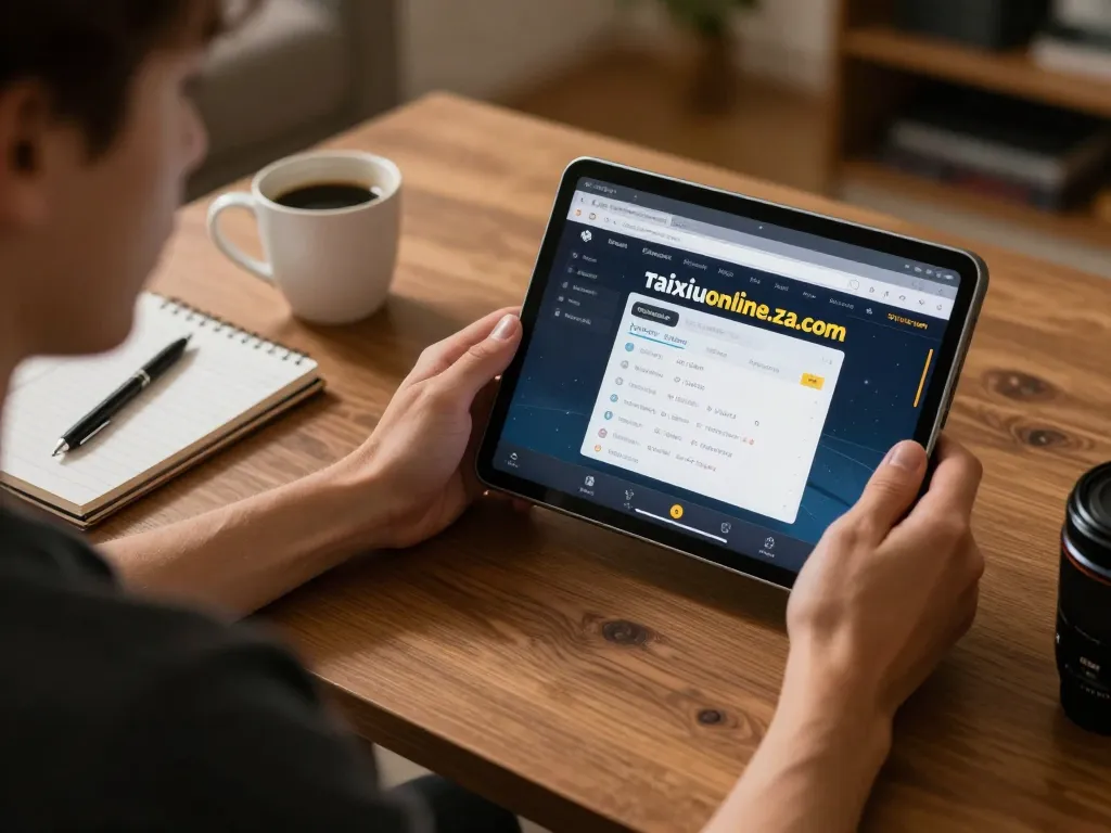 Player engaging with taixiuonline.za.com on tablet, illustrating a strategic online gaming session in a cozy home atmosphere