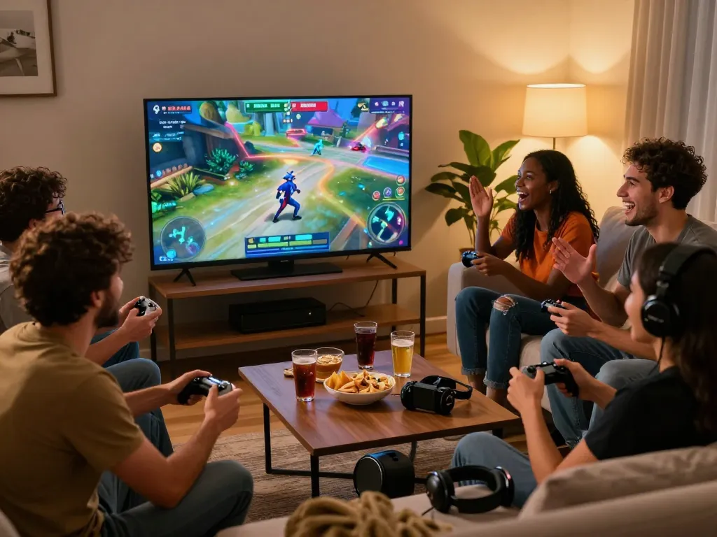 Friends enjoying an exciting multiplayer session of rik vip in a cozy living room, creating a lively gaming atmosphere.
