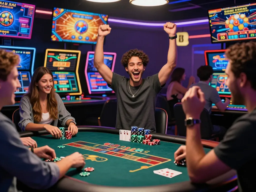 Enjoy thrilling moments at top nhà cái uy tín as friends celebrate a winning hand in a colorful online casino.