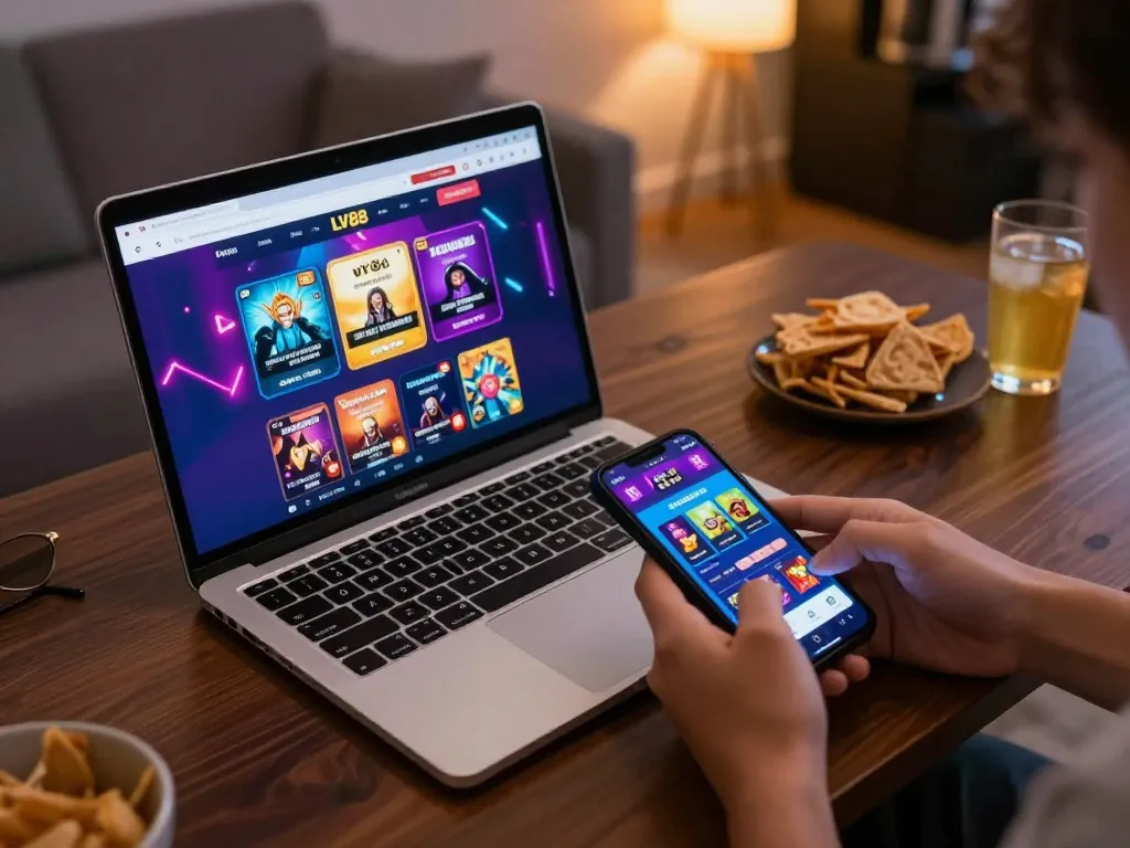 Engaging online gambling scene showing LV88 trang chủ on a laptop with dynamic gameplay.