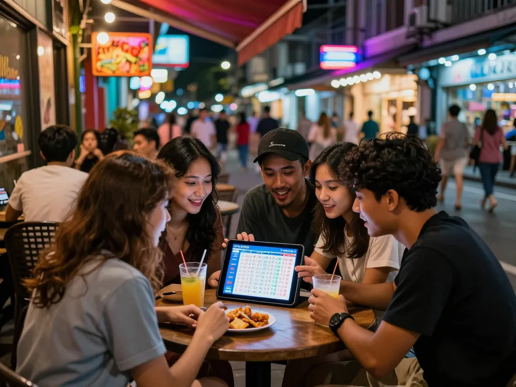 Teman-teman dengan antusias meninjau hasil lotere HK Malam Ini di tablet di kafe yang ramai.