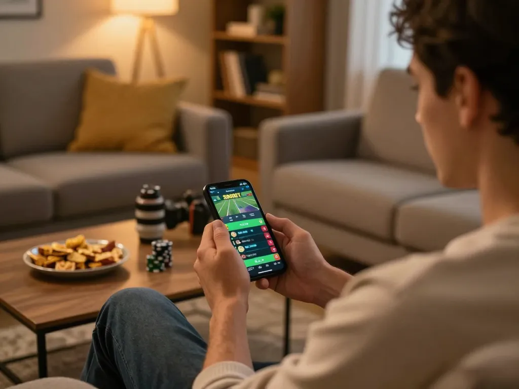 Sesi taruhan SBOBET di smartphone dalam suasana rumah yang nyaman, menampilkan peluang olahraga langsung.