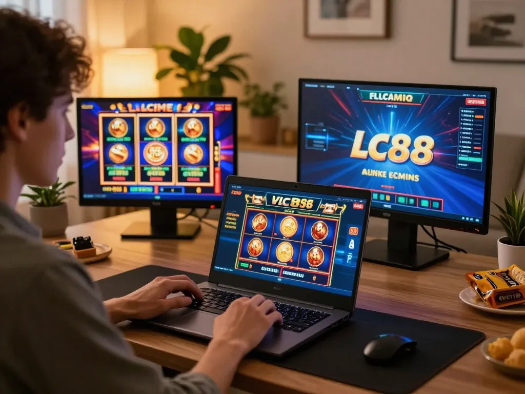 Enjoying an intense session of lc88 game on a laptop in a cozy home setting with warm lighting.