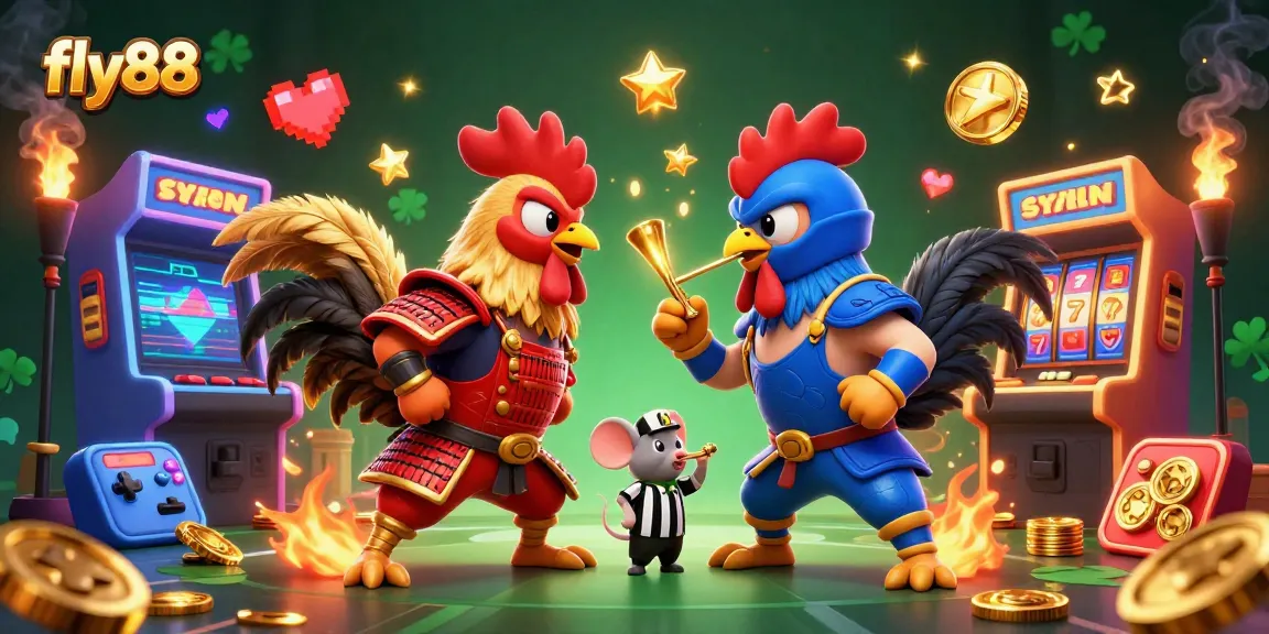 Experience thrilling action with fighting roosters in fly88's vibrant casino scene featuring slot reels and gold coins.
