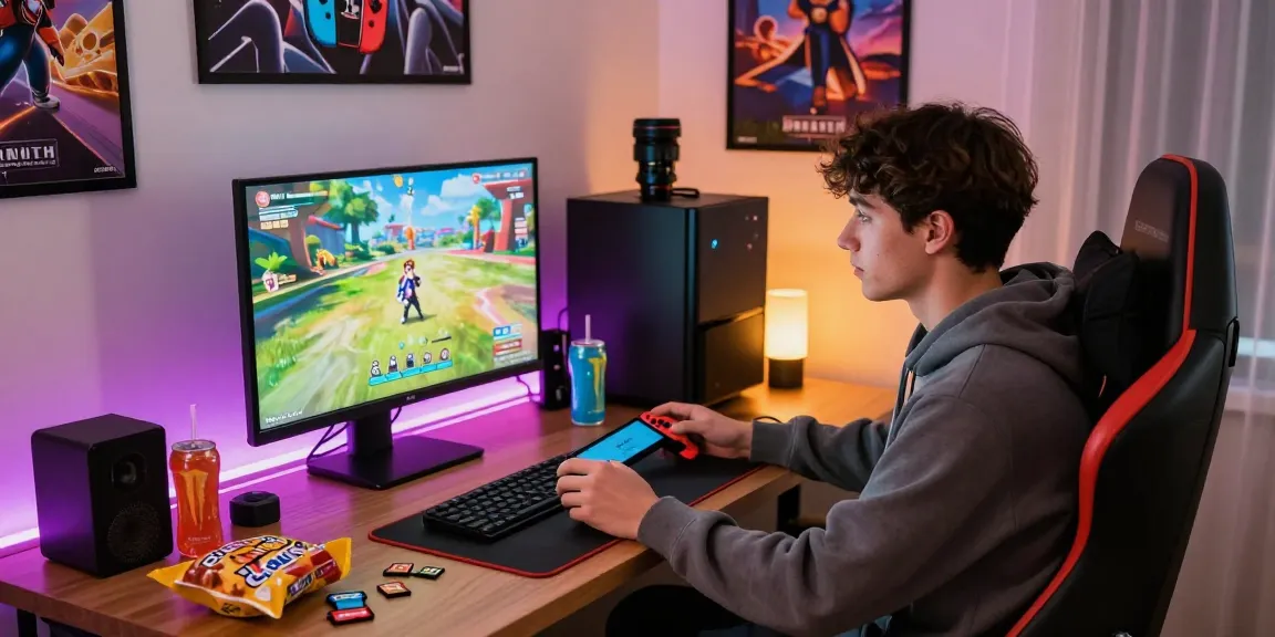 Engaged gamer playing switch roms with vibrant gaming setup featuring colorful cartridges and LED lights.