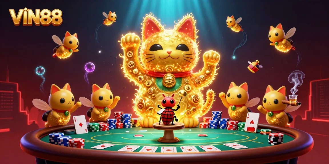Engage with the dynamic world of VIN88 showcasing a lucky cat and poker elements in 3D illustration.
