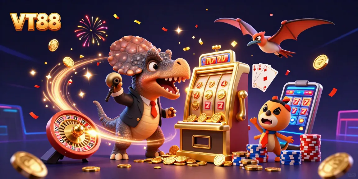 VT88 jackpot scene with animated dinosaurs and cascading coins celebrating a big win