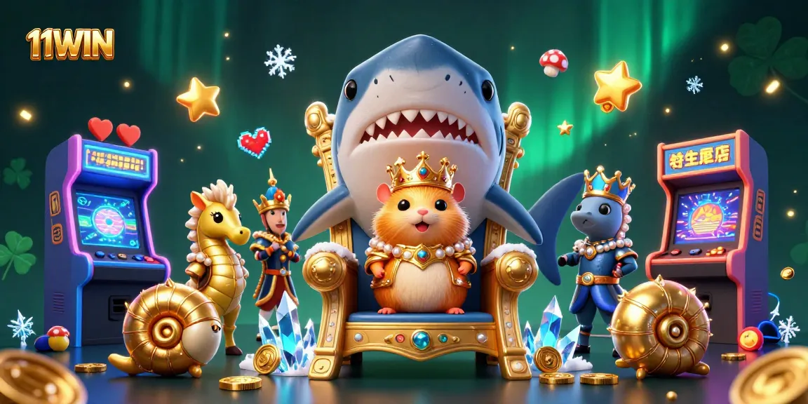 Engage with 11WIN's vibrant gaming scene featuring a golden hamster king and dynamic casino elements