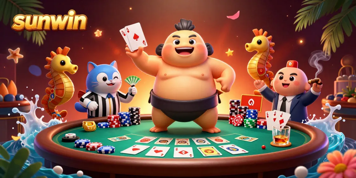 Experience sunwin's lively casino scene with colorful poker chips and engaging characters.