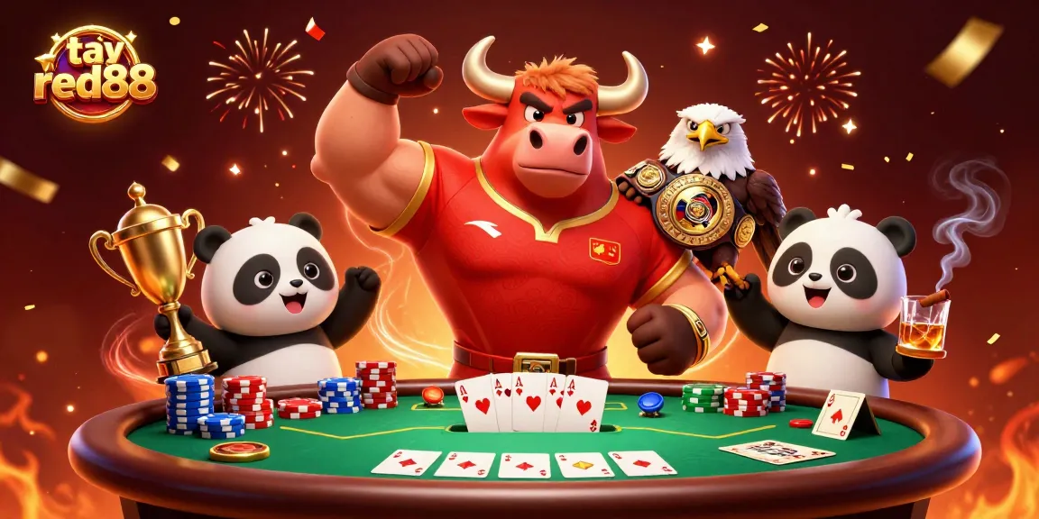 Join the fun at tại red88, with a victorious bull mascot and friends celebrating poker winnings.