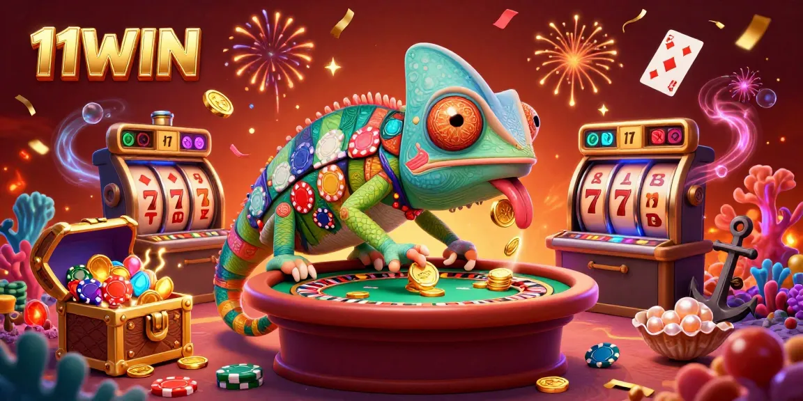 Experience excitement at 11WIN with a vibrant 3D casino illustration depicting dynamic gaming elements.