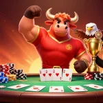 Sunwin gaming experience with bull mascot, eagle, and panda celebrating over poker table.
