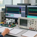 Affordable Digital Oscilloscope in use by engineer analysing signals in a modern tech lab, showcasing precision and advanced technology.