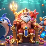 Engage in thrilling fun at sunwin, featuring a vibrant 3D casino scene with sea king Neptune and slot reels.