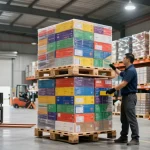 Operator using Apollo stacker to lift pallets in a modern warehouse.