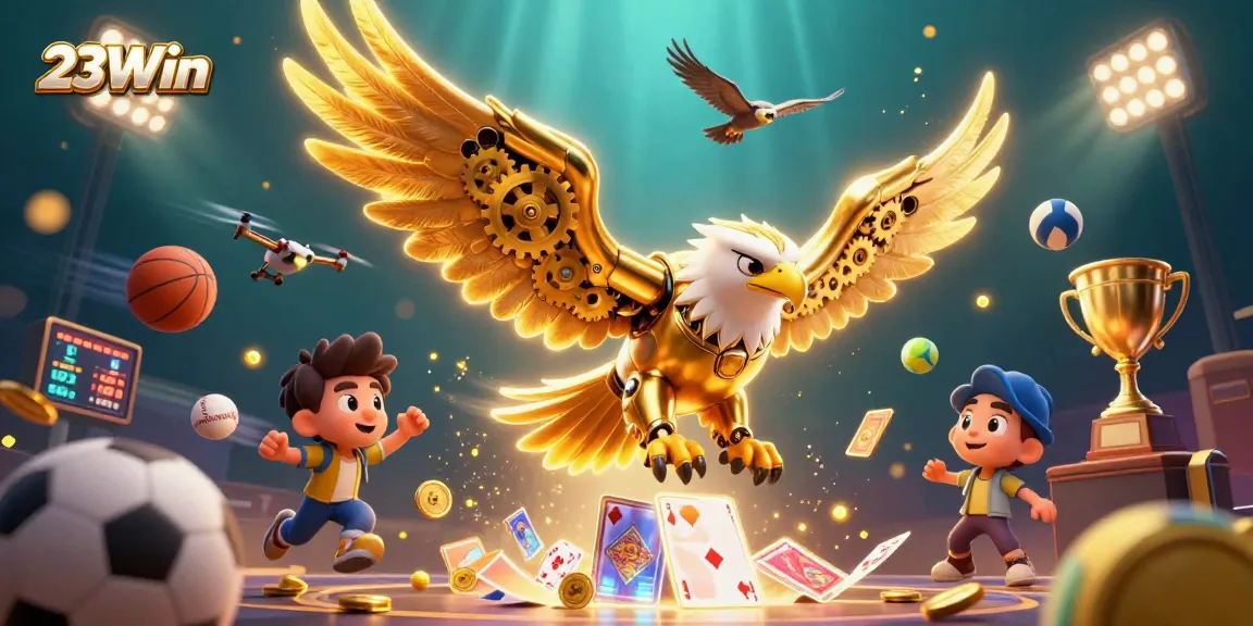 Experience thrilling gameplay with 23Win's dynamic casino features and 3D golden eagle illustration.